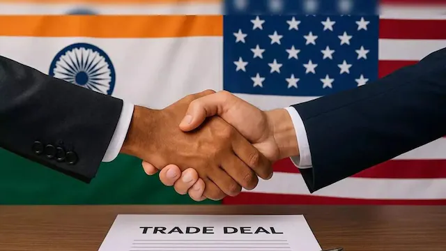 भारत और अमेरिका के झंडों के साथ व्यापार समझौते का प्रतीकात्मक चित्र